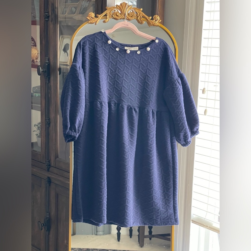 Simply Southern NWT Navy Quilted Dress w Pearl and Rhinestone Collar Accents